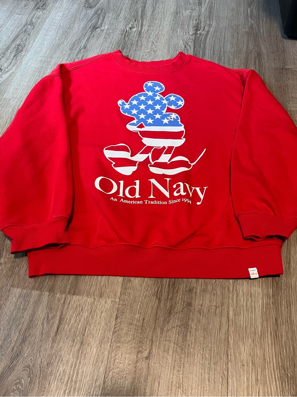 Old Navy Kid’s Red Crewneck Sweatshirt with Mickey Mouse Stars & Stripes Graphic